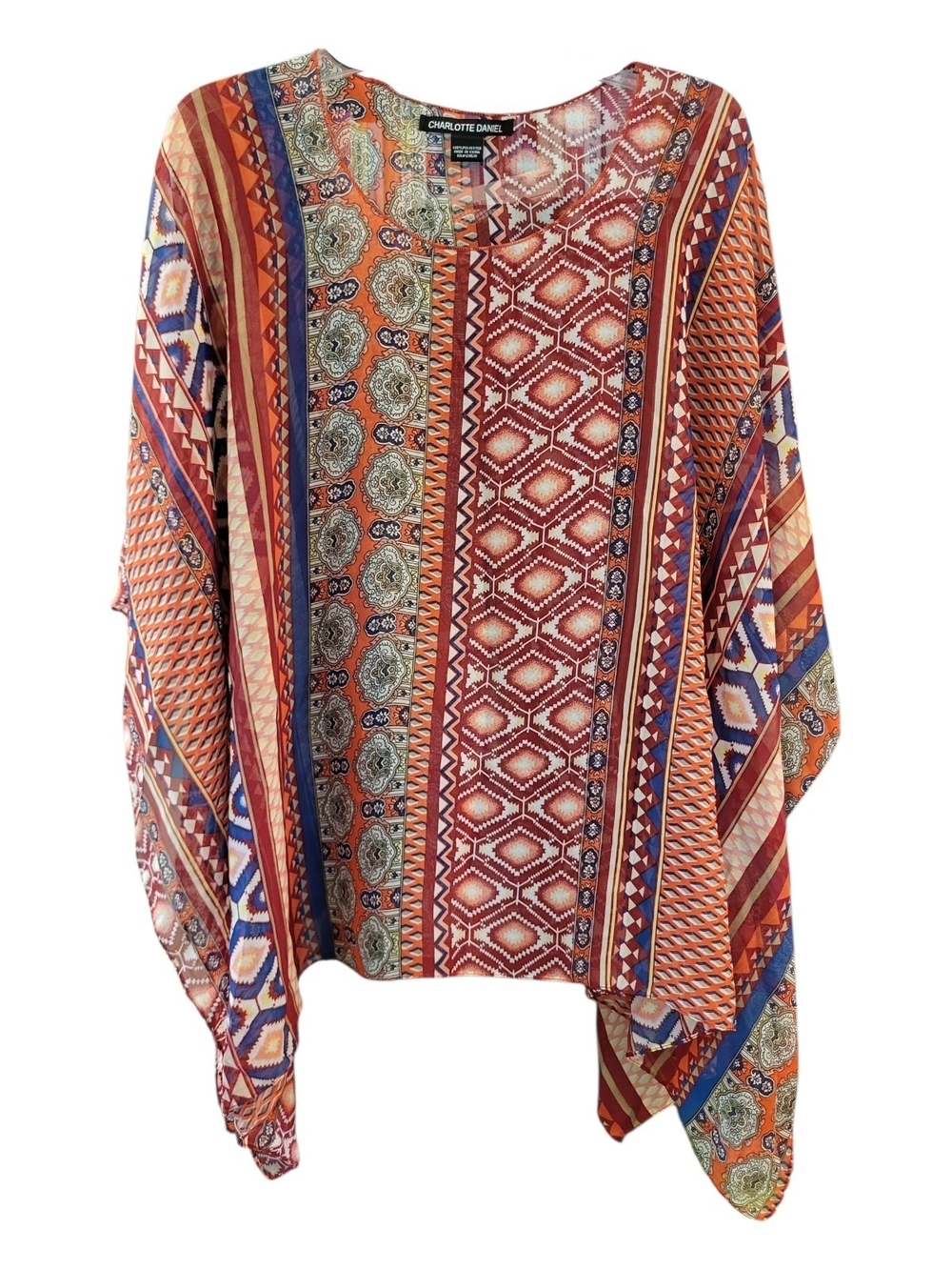Charlotte Daniel Red Orange Multi-Print Bandana Print Poncho Blouse - One Size
